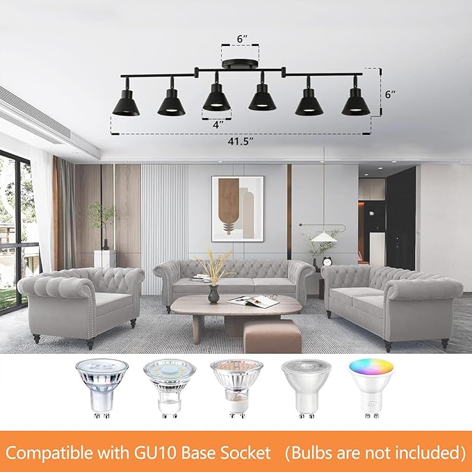 Modern 6-Light Track Lighting Fixture, Black Metal Ceiling Spotlight with Flexible Rotatable Heads, GU10 Base Directional Track Light for Kitchen, Hallway, Living Room & Gallery