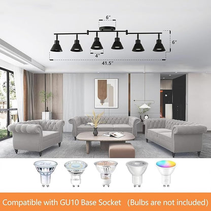 Modern 6-Light Track Lighting Fixture, Black Metal Ceiling Spotlight with Flexible Rotatable Heads, GU10 Base Directional Track Light for Kitchen, Hallway, Living Room & Gallery