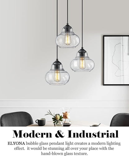 ELYONA 2 Pack Bubble Glass Pendant Light 8 inch Industrial Kitchen Hanging Pendant Light Fxitures Modern Hand Blown Seeded Glass for Farmhouse Dining Room Bar Bedroom Living Room Black