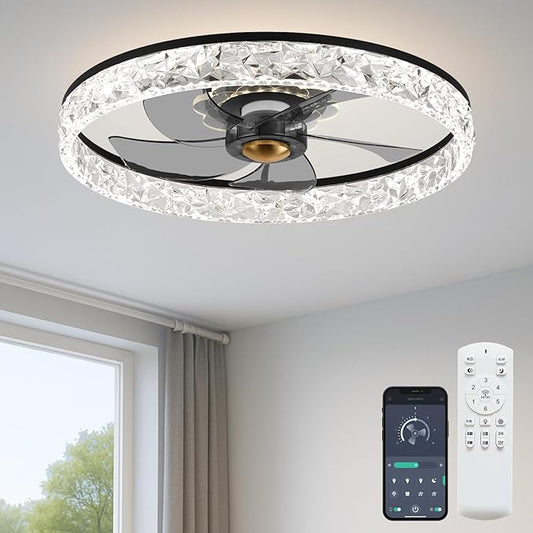 Fszdorj 20'' Ceiling Fan with Light, Upgraded Low Profile Fan, Flush Mount Ceiling Fan, 6 Speeds, Dimmable LED, App & Remote Control, Quiet DC Motor, for Bedroom, Living Room, F098 Black