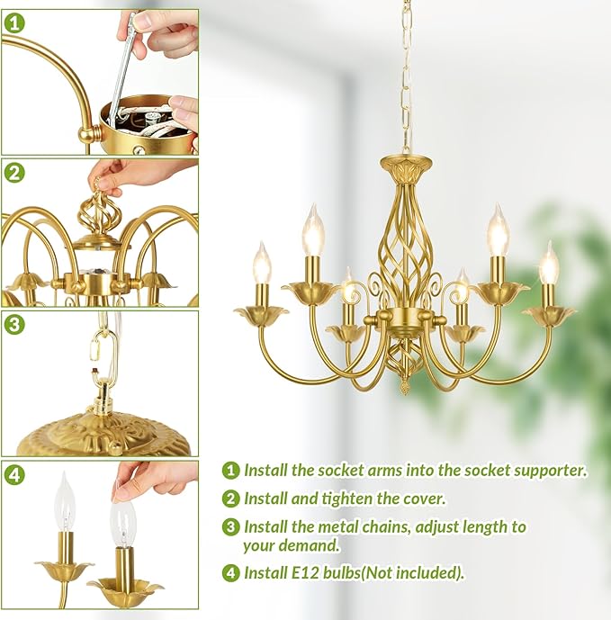 6-Light Farmhouse Candle Chandelier for Living Room, Rustic Industrial Pendant Ceiling Light fixture, Vintage Ceiling Hanging Lamp for Bedroom Hallway Kitchen Dining Room Foyer, Luxury Gold E12 Socket