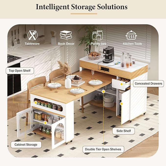 Extendable Dining Table with Rolling Kitchen Island, 54.1" Folding Top, Storage Cabinet, Drawers, Power Outlet, USB Ports, Brake Lock Wheels, 4-5 People, 110 LBS Capacity, Natural