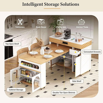 Extendable Dining Table with Rolling Kitchen Island, 54.1" Folding Top, Storage Cabinet, Drawers, Power Outlet, USB Ports, Brake Lock Wheels, 4-5 People, 110 LBS Capacity, Natural