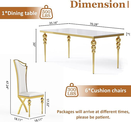 Glass Dining Table Set for 6, Luxurious 70 Inch Rectangular Kitchen Table with White Tempered Glass Top, 6 White PU Leather Cushion Chairs for Dining Room, Restaurant, Living Room