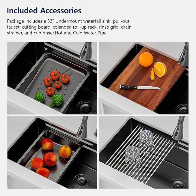 Logmey 33" Undermount Waterfall Sink with Pull-out Faucet & Knob,Nano PVD Gunmetal Black 33x17 Double Step Workstation Sink,16 Gauge All in One Single Sinks Perfect for Family Kitchen & Daily Cooking