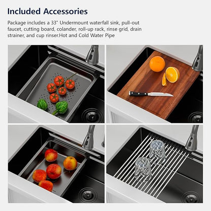 Logmey 33" Undermount Waterfall Sink with Pull-out Faucet & Knob,Nano PVD Gunmetal Black 33x17 Double Step Workstation Sink,16 Gauge All in One Single Sinks Perfect for Family Kitchen & Daily Cooking