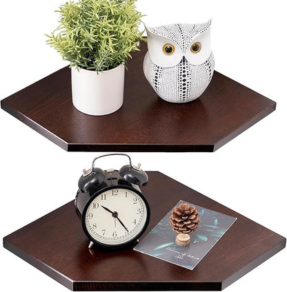 Corner Wall Shelves, Corner Floating Shelves Set of 2 Solid Oak Wood Display Shelf with Wire Hole Small Plant for Kitchen Living Room Dark Walnut 13.5inch