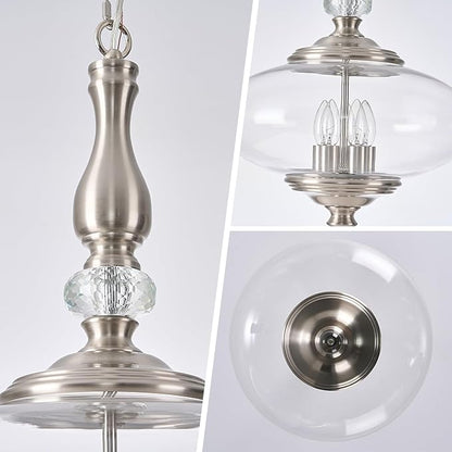 Modern Glass Large Pendant Light Brushed Nickel 5-Light Chandelier for Dining Room, Kitchen Island, H 27.5" x W 15.7", Adjustable Hanging Height