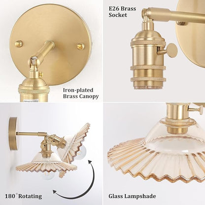 Shenmoyl Vintage Wall Sconces with Amber Lotus Glass Lampshade 180 Degree Adjustable Brass Sconces Hradwired Modern Wall Lighting Fixture with Switch for Bedside Bedroom Doorway