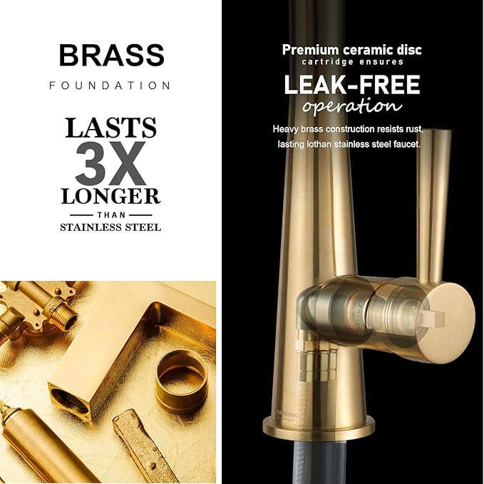 Lava Odoro Brushed Gold Kitchen Faucet with Pull Down Sprayer, Modern Single Handle Kitchen Sink Faucet, Gold Faucet for Kitchen Sink with Magnetic Docking Sprayer and Deck Plate, KF321-SG