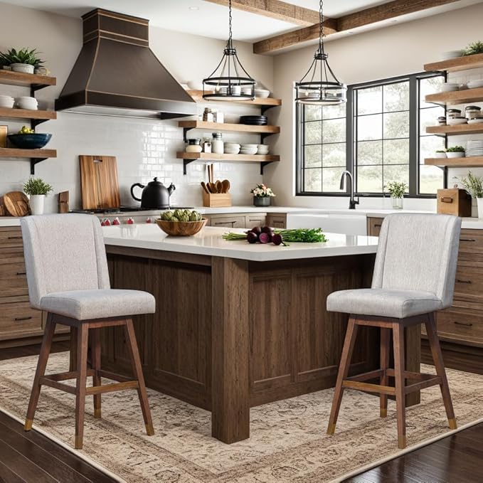 Armen Living Stancoste Modern Farmhouse 26" Seat Height Swivel Bar Stool for Kitchen Island Counter in Gray Oak Wood with Mocha Fabric