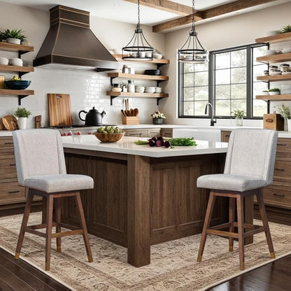 Armen Living Stancoste Modern Farmhouse 26" Seat Height Swivel Bar Stool for Kitchen Island Counter in Brown Oak Wood with Beige Fabric