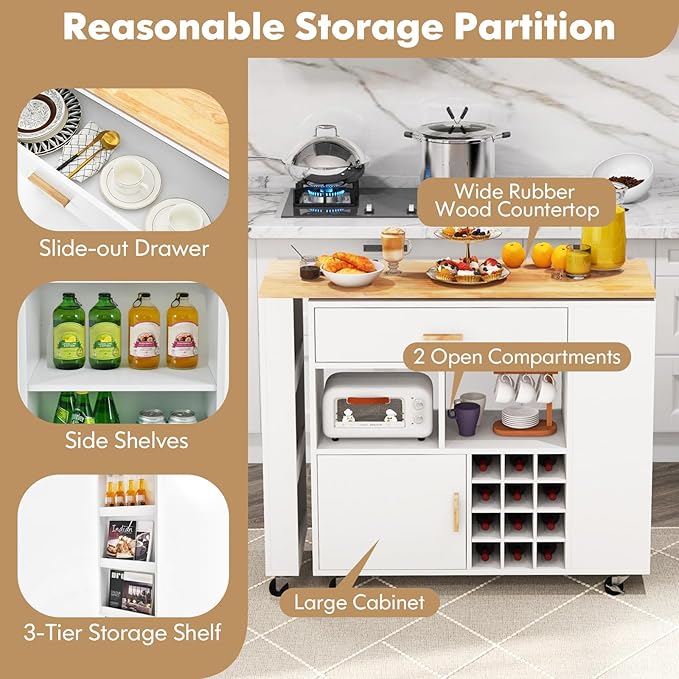 Giantex Mobile Kitchen Island Cart, 4-in-1 Reversible Serving Cart Bar Table Combo, Storage Cart on Wheels w/Rubber Wood Top, Adjustable Shelf, 12-Bottle Wine Rack, Spice Rack for Dining Room, White
