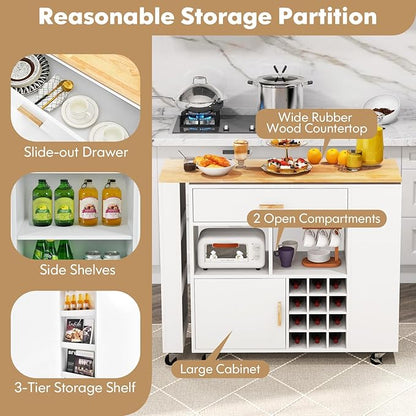 Giantex Mobile Kitchen Island Cart, 4-in-1 Reversible Serving Cart Bar Table Combo, Storage Cart on Wheels w/Rubber Wood Top, Adjustable Shelf, 12-Bottle Wine Rack, Spice Rack for Dining Room, White