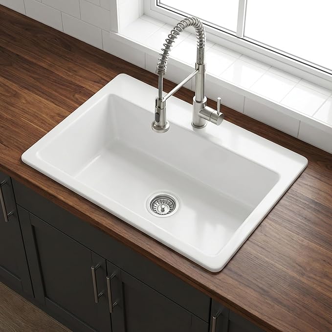 Sinkology Jackson 33 Inch White Fireclay Drop-In Kitchen Sink, Single Bowl, 1 Faucet Hole, Fits 36 Inch Cabinet, Surefire Finish