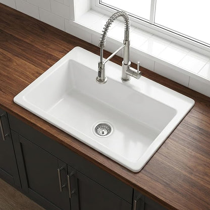 Sinkology Jackson 33 Inch White Fireclay Drop-In Kitchen Sink, Single Bowl, 1 Faucet Hole, Fits 36 Inch Cabinet, Surefire Finish