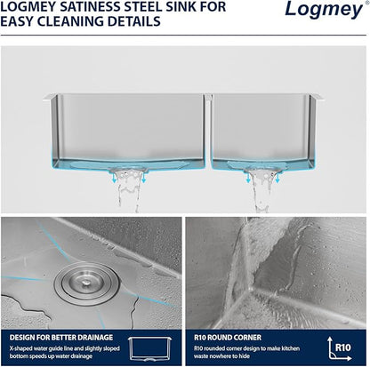 Logmey 33 Inch Farmhouse Sink 60/40 Double Bowl Kitchen Sink Apon Front Sink 16 Gauge 304 Stainless Steel Farm Sinks 33x20x9
