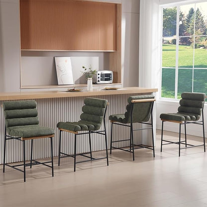 Green Pu Leather Bar stools Set of 6, 25” Modern Upholstered Counter stools with Black Metal Legs, Armless Counter Height Chairs with Channel Tufted Back for Kitchen Island Home Pub