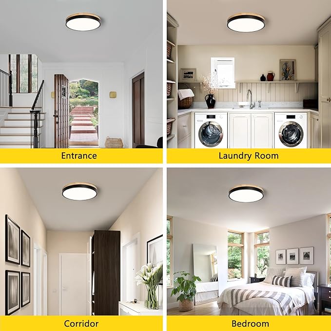 Modern Wood Black Flush Mount Ceiling Light, 11.81" Round LED Low Profile Close to Ceiling Fixture for Kitchen Bedroom Bathroom Laundry Hallway Entryway Closet Living Room