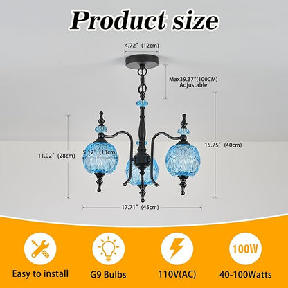 Vintage Blue Pendant Light Fixtures, 3-Light Chandeliers for Kitchen Bedroom Living Room Dining Room Hallway