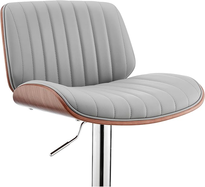 Armen Living Brock Modern Adjustable Height Swivel Gray Faux Leather and Walnut Wood Bar Stool with Chrome Base for Kitchen Island Counter