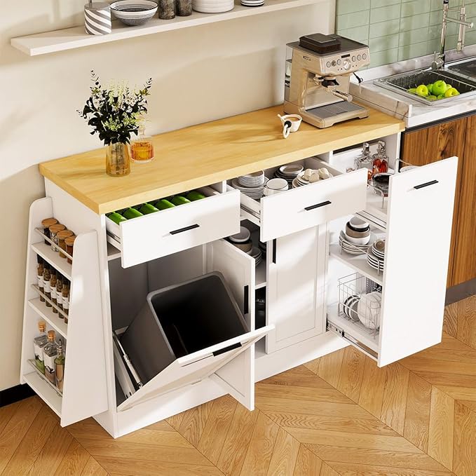 58'' Multi-Functional Storage Sideboard with Trash Can Storage and Adjustable Shelves, Console Table with Sliding Door Cabinet, Kitchen Island with 3-Tier Spice Rack for Dining Room (White)