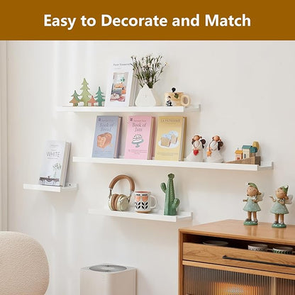 Oak Floating Shelves White for Wall 12 Inch (Upgrade Width 6"), Natural Wood Wall Shelves Display Picture Ledge Shelf for Living Room Bedroom Bathroom Kitchen Office Decor and Storage