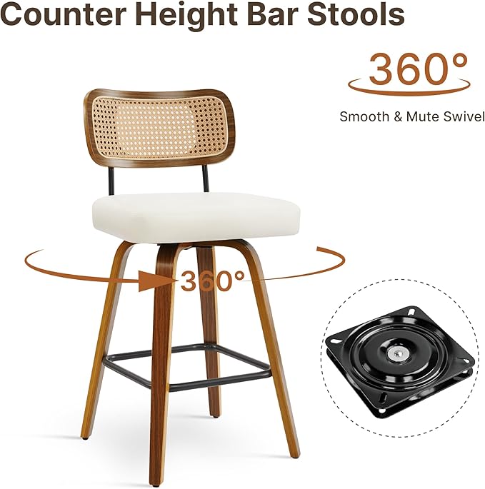 Swivel Bar Stools Set of 2, 26" Upholstered Counter Height Bar Stools with Rattan Back and Bent Walnut Wood Legs, Faux Leather Modern Barstools for Kitchen Island,Rattan Beige