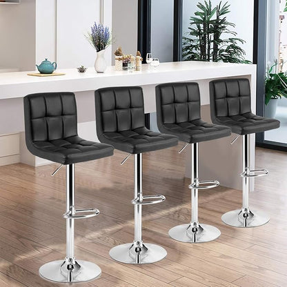 COSTWAY Adjustable Bar Stools Set of 4, Modern Swivel PU Leather Bar Chair with Backrest, Soft Cushioned Seat, Footrest, Sturdy Metal Frame, Comfortable Barstools for Kitchen Island, Pub, Black