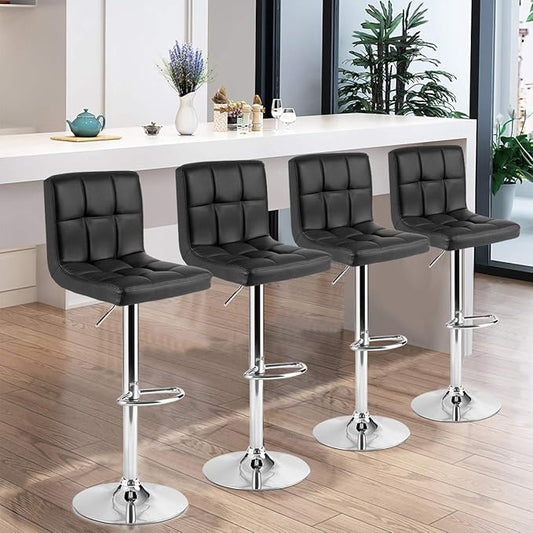 COSTWAY Adjustable Bar Stools Set of 4, Modern Swivel PU Leather Bar Chair with Backrest, Soft Cushioned Seat, Footrest, Sturdy Metal Frame, Comfortable Barstools for Kitchen Island, Pub, Black