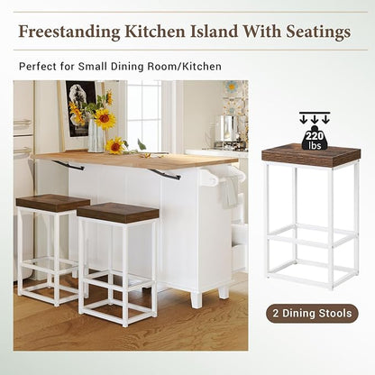 Farmhouse Kitchen Island Set with Drop Leaf and 2 Seatings Solid Wood White Design Dining Room, Versatile