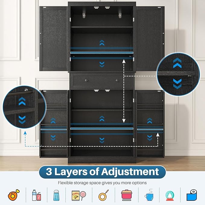 kepptory 72" Tall Kitchen Pantry Cabinet, Black Pantry Storage Cabinet with Adjustable Shelves, Barn Doors and Drawer, Farmhouse Cupboard for Kitchen, Dining Room, Bathroom (16" D x 30" W x 72" H)