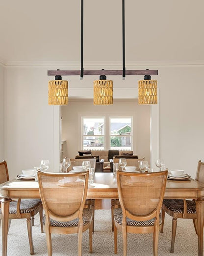 3-Light Kitchen Island Light Fixture, Linear Chandelier for Dining Room, Rustic Pendant Light Over Table, Handmade Woven Farmhouse Wicker Chandelier, Dark Wood Finish for Kitchen Island