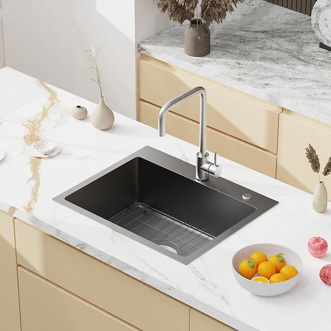 22" x 18" Drop in Kitchen Sink 304 Stainless Steel Single Bowl Topmount Bar Sink with Drain Kit and Bottom Grid, Black