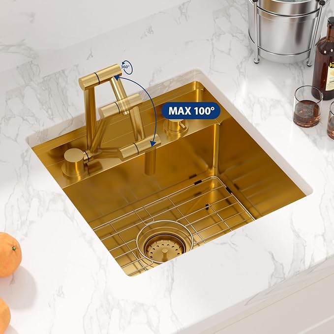 Sarlai Undermount Bar Sink - 18 Inch Gold Undermount Kitchen Sink Workstation with Foldable Faucet 18x18 Inch Outdoor Bar Prep Single Bowl Gold Sinks 16 Gauge Stainless Steel BBQ Basin with Cover
