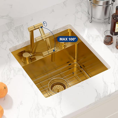 Sarlai Undermount Bar Sink - 18 Inch Gold Undermount Kitchen Sink Workstation with Foldable Faucet 18x18 Inch Outdoor Bar Prep Single Bowl Gold Sinks 16 Gauge Stainless Steel BBQ Basin with Cover