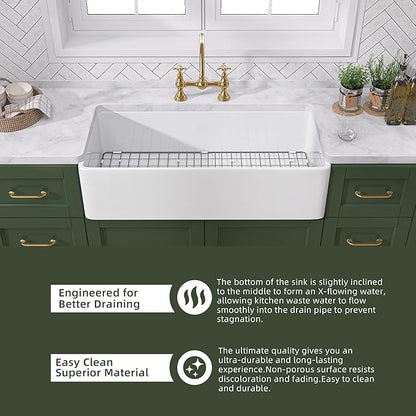 TUKTUK White Farmhouse Sink 30 inch Farm Sink Fireclay Apron Front Single Bowl Kitchen Sinks Deep Drop In Undermount Reversible Heavy Duty Easy-to-Clean Kitchen Basin with Luxury Modern Accessory Kit