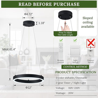 12in LED Ring Chandelier Black Modern Dimmable Pendant Light Height Adjustable Circular Hanging Ceiling Fixture for Kitchen Island Dining Table Entryway Sink