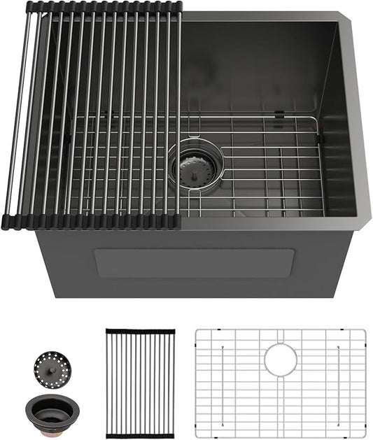 Sarlai Black Undermount Laundry Sink 23 Inch - 13 Inch Deep Undermount Laundry Utility Gunmetal Black Sink Single Bowl Kitchen Sinks 16 Gauge Stainless Steel Laundry Tub Sinks Basin 23"x18"x13"
