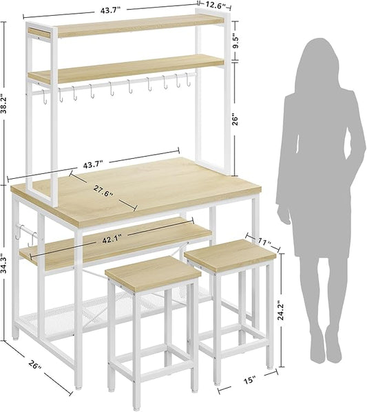 IRONCK Kitchen Island with Stools, Dining Table Set with Storage and Power Outlet, Industrial Coffee Bar Table for Kitchen Dining Living Room, 10 Hooks (Natural Wood)