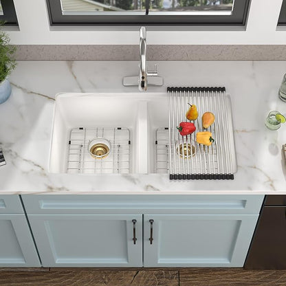 33"x19" Granite Composite Kitchen Sink Double Bowl – White Undermount Double Bowl 50/50 Quartz Classic Composite Under Counter Sink Basin