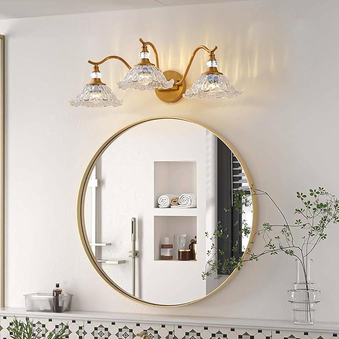Vintage Bathroom Vanity Light Fixtures - 3 Light Iridescent Flower Glass Antique Brass Bathroom Lights Fixture Over Mirror,Retro Brushed Gold Bronze Wall-Mounted Vanity Lighting for Powder Room
