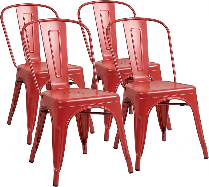Shahoo Metal Dining Chairs Classic Iron Stackable Industrial Vintage Trattoria with Back, Indoor-Outdoor Side Settee for Home Bistro Cafe Kitchen Restaurant Set of 4, Red