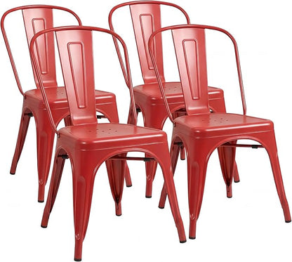 Shahoo Metal Dining Chairs Classic Iron Stackable Industrial Vintage Trattoria with Back, Indoor-Outdoor Side Settee for Home Bistro Cafe Kitchen Restaurant Set of 4, Red