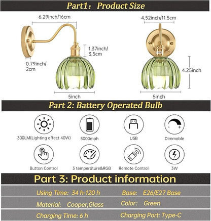 Shenmoyl Vintage Battery Operated Wall Sconce Set of 2, 5000mAh Rechargeable Wall Light, Indoor Battery Powered Wall Lamp for Bedside Bedroom Living Room, Tulip Green