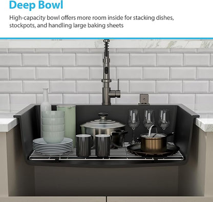 Kichae 33 Granite Composite Kitchen Sink - 33"x22" Grainte Kitchen Sink Drop In Topmount Quartz Sink Black Deep Single Bowl Basin