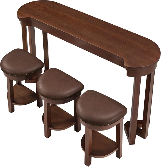 Bar Table and Chairs Set of 4 with 3 PU Upholstered Bar Stools, Breakfast Bar Table, Solid Wood Bar Height Dining Table Set, for Kitchen, Living Room, Party Room, Small Space (Cherry)