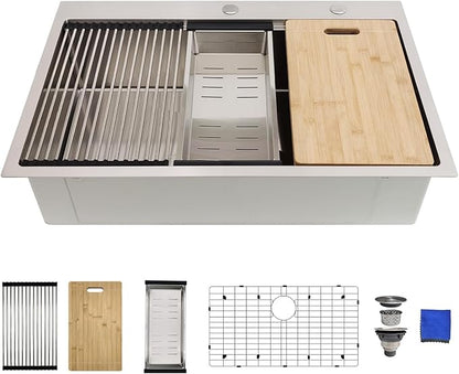 33x22 Drop In Kitchen Sink, Delironexu 33 Inch Kitchen Sink Workstation, 16 Gauge 304 Stainless Steel Top Mount Kitchen Sink Single Bowl with Accessories