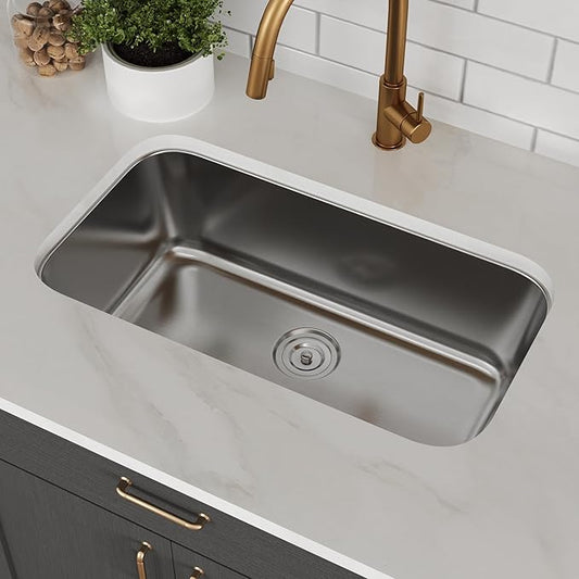 DeerValley 32 Inch Undermount Kitchen Sink 18 Gauge Stainless Steel Kitchen Sink Spacious Single Bowl Sinks with Basket Strainer Curved Shape Round Corner Deep Sinks for Modern Kitchens