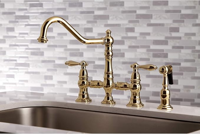 Kingston Brass KS3272ALBS Restoration Bridge Kitchen Faucet, Polished Brass, 13.06 x 14.06 x 9.44